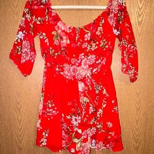 Floral Red Dress with Ruffle Details